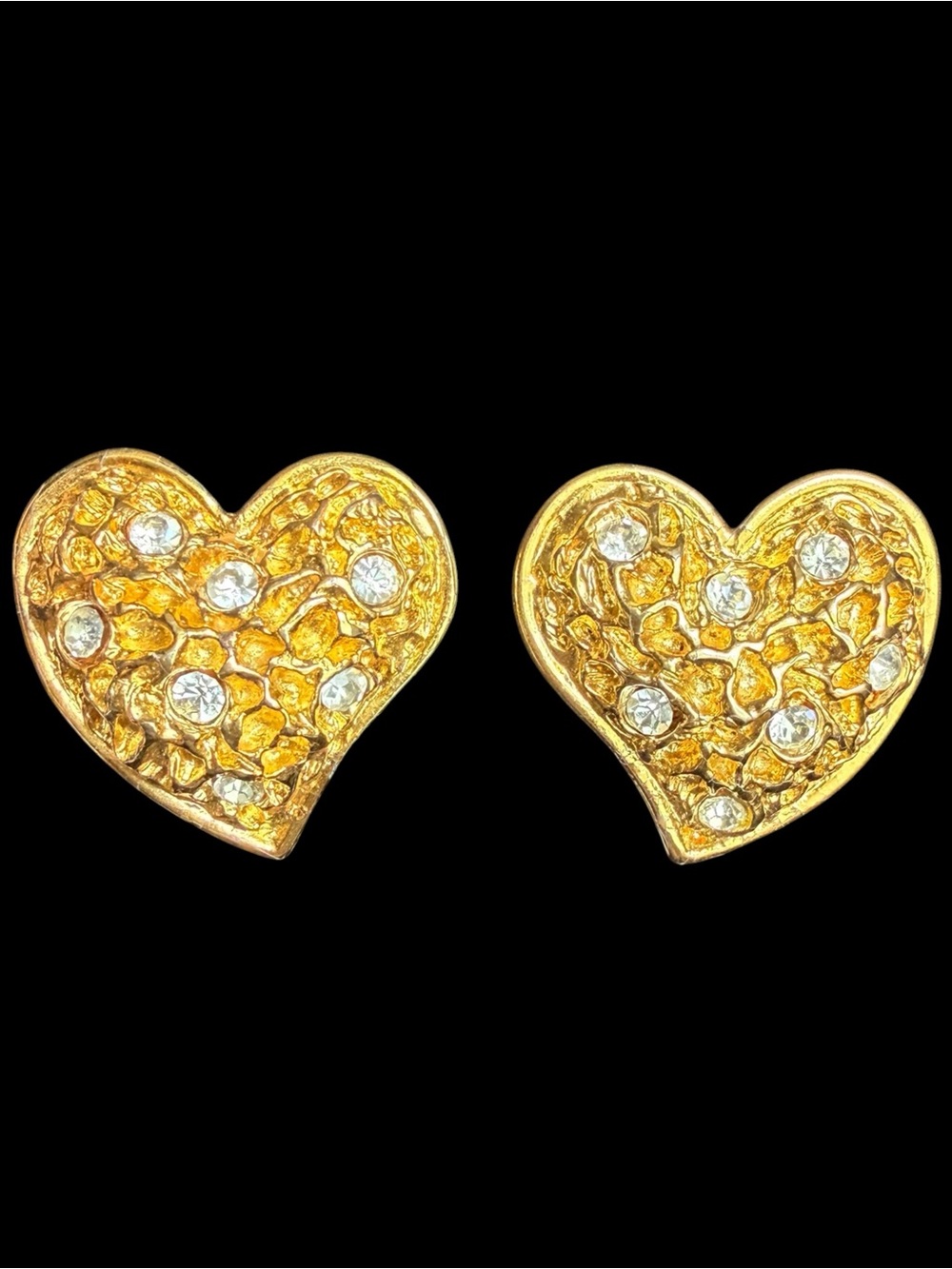 Édouard Rambaud Paris Vintage Gold Tone Rhinestone Heart Clip-On Earrings Signed